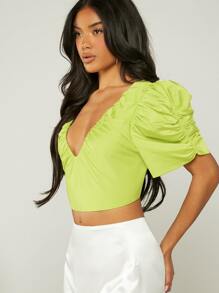 SHEIN VCAY Ruched Puff Sleeve Crop Top