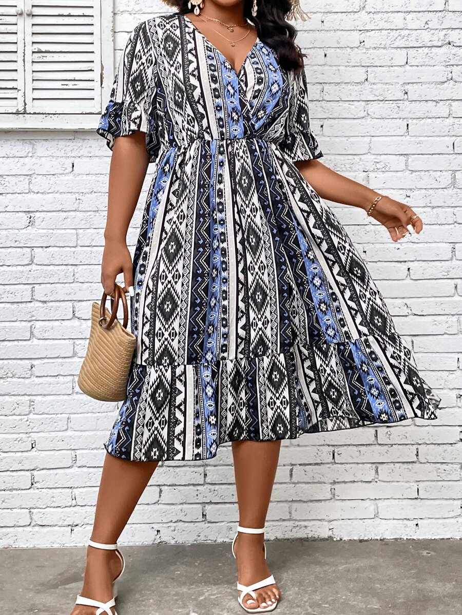 SHEIN LUNE Vestido con estampado geométrico de manga con volante bajo con fruncido - Multicolor - Ver 1