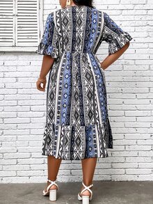 SHEIN LUNE Vestido con estampado geométrico de manga con volante bajo con fruncido - Multicolor - Ver 2