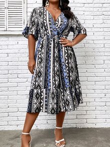 SHEIN LUNE Vestido con estampado geométrico de manga con volante bajo con fruncido - Multicolor - Ver 3