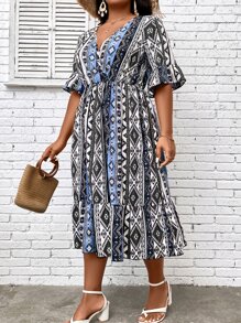 SHEIN LUNE Vestido con estampado geométrico de manga con volante bajo con fruncido - Multicolor - Ver 5