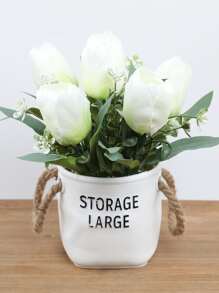 1pc Letter Design Planter, Creative Plastic Flower Pot With Handle For Home Decor And Garden - White - View 1