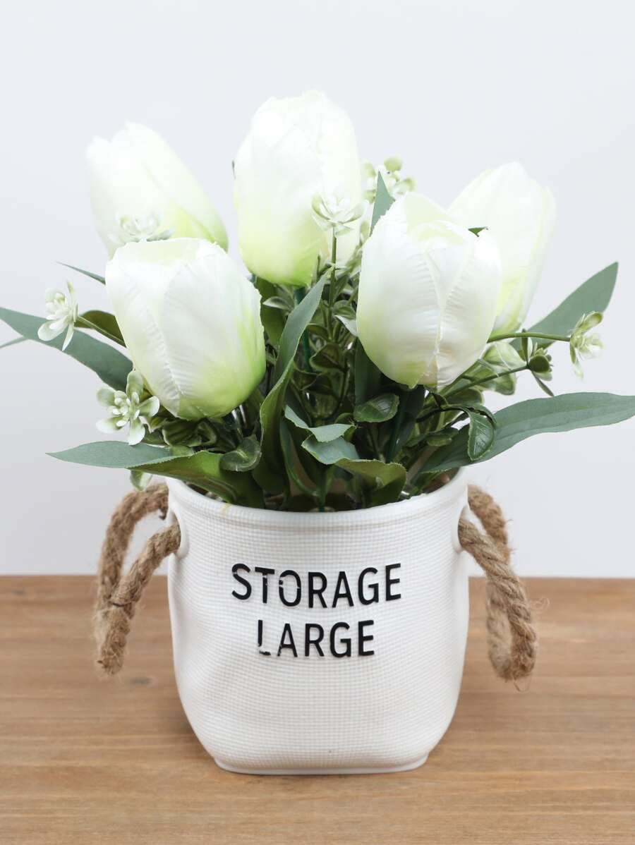1pc Letter Design Planter, Creative Plastic Flower Pot With Handle For Home Decor And Garden - White - View 1