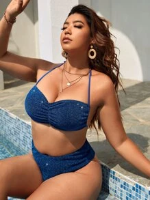 SHEIN Swim Curve Conjunto de bikini de tamaño grande con brillantina, fruncido y con tiras para el cuello para la playa de verano - Azul - Ver 1