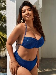 SHEIN Swim Curve Conjunto de bikini de tamaño grande con brillantina, fruncido y con tiras para el cuello para la playa de verano - Azul - Ver 5