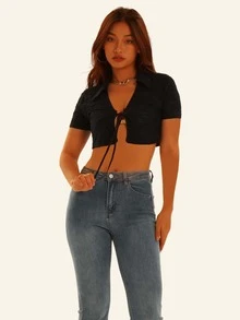 Áo nữ Thắt nơ trước màu trơn Gợi cảm - màu đen - Xem 1