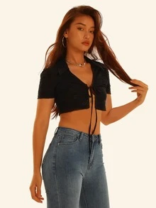 Áo nữ Thắt nơ trước màu trơn Gợi cảm - màu đen - Xem 3