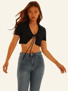 Áo nữ Thắt nơ trước màu trơn Gợi cảm - màu đen - Xem 4