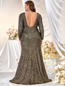 YISIKADO Đầm Plus Size Cắt ra Dây kéo màu trơn Buổi tiệc - Vàng - Xem 2