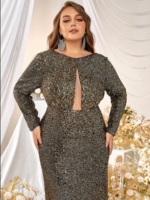YISIKADO Đầm Plus Size Cắt ra Dây kéo màu trơn Buổi tiệc - Vàng - Xem 6