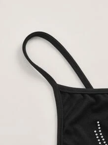 ROMWE Fairycore 大碼水鑽心和翅膀圖案吊帶上衣 - 黑色 - 查看 8