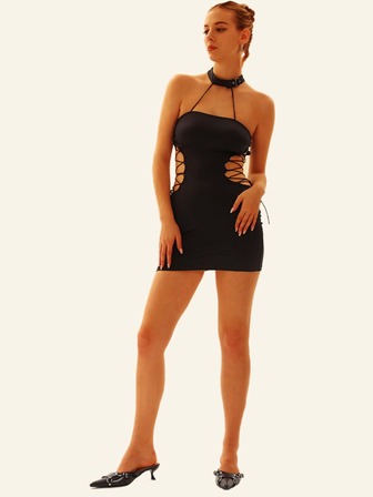 Lace Up Side Halter Neck Backless Bodycon Dress