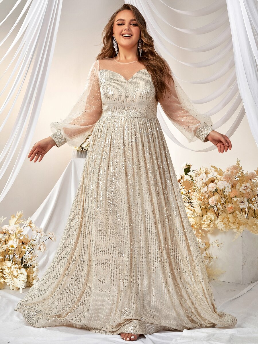 YISIKADO Plus Contrast Mesh Lantern Sleeve Sequin Formal Dress - Champagne - View 1