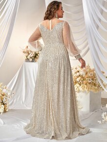 YISIKADO Plus Contrast Mesh Lantern Sleeve Sequin Formal Dress - Champagne - View 2