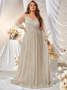 YISIKADO Plus Contrast Mesh Lantern Sleeve Sequin Formal Dress - Champagne - View 3