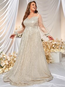 YISIKADO Plus Contrast Mesh Lantern Sleeve Sequin Formal Dress - Champagne - View 4