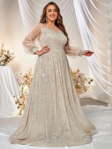 YISIKADO Plus Contrast Mesh Lantern Sleeve Sequin Formal Dress - Champagne - View 5