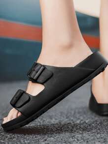 Men Buckle Decor Slides, Fashion Summer Slides - Black - View 2