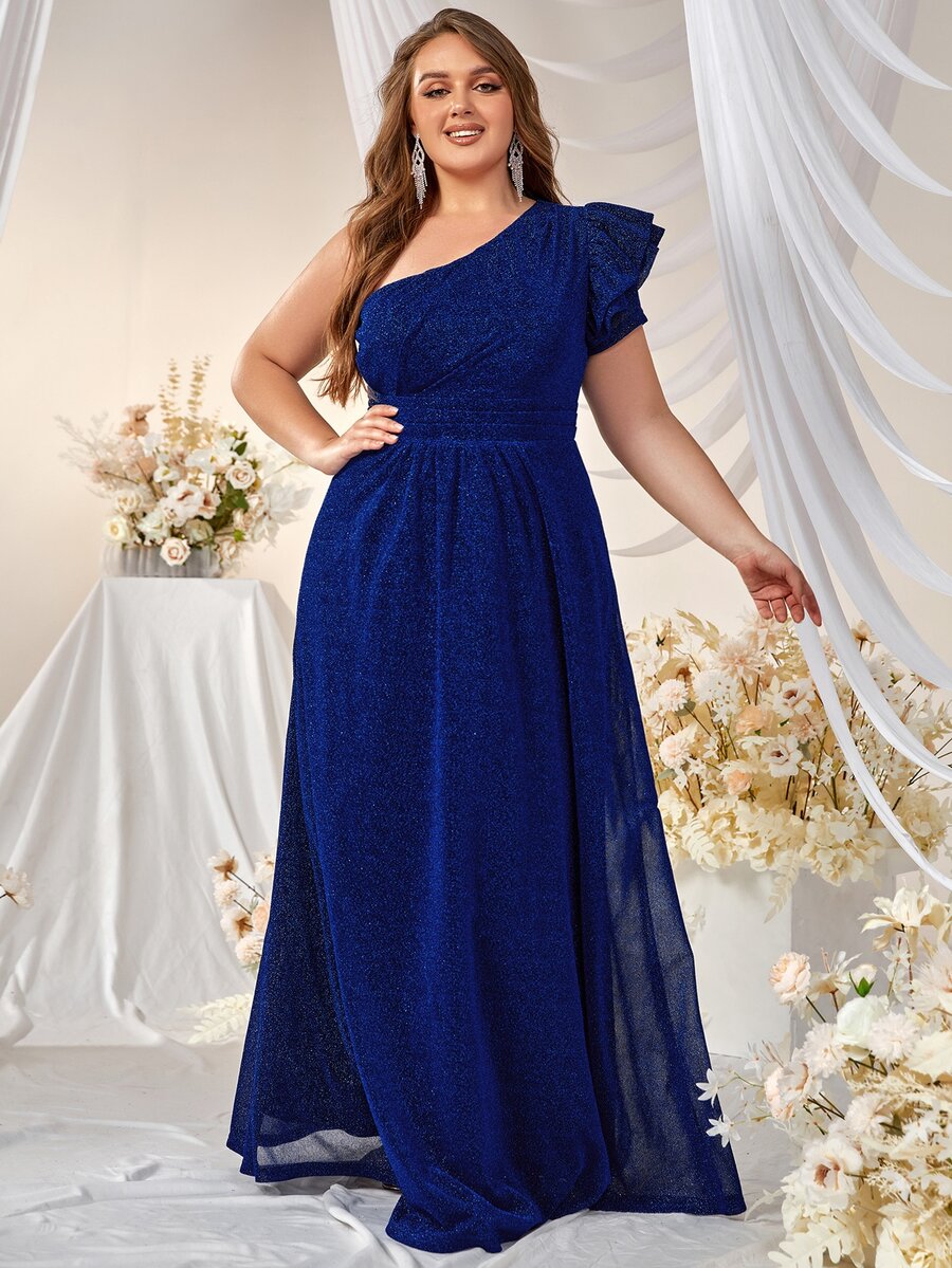 YISIKADO Plus One Shoulder Ruffle Trim Glitter Maxi Formal Dress - Royal Blue - View 1