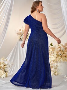 YISIKADO Plus One Shoulder Ruffle Trim Glitter Maxi Formal Dress - Royal Blue - View 2