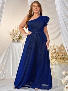 YISIKADO Plus One Shoulder Ruffle Trim Glitter Maxi Formal Dress - Royal Blue - View 3