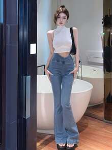 Solid Flare Leg Jeans - Medium Wash - View 1