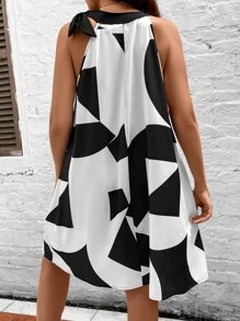 Calvaya Plus Geo Print Knot Shoulder Halter Neck Dress - Black and White - View 4