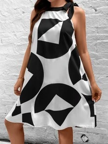 Calvaya Plus Geo Print Knot Shoulder Halter Neck Dress - Black and White - View 5