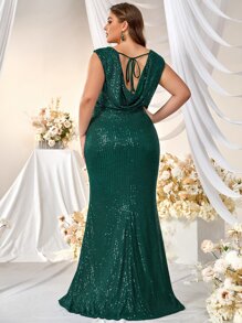YISIKADO Plus Surplice Neck Sequin Formal Dress - Dark Green - View 2