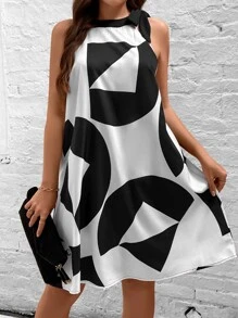 Calvaya Plus Geo Print Knot Shoulder Halter Neck Dress - Black and White - View 1