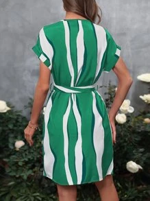 SHEIN VCAY Colourblock Notched Neck Belted Dress - Green - View 2