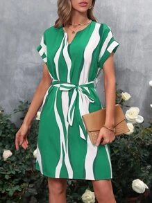 SHEIN VCAY Colourblock Notched Neck Belted Dress - Green - View 6