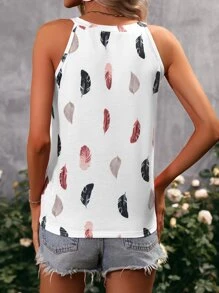 SHEIN LUNE 羽毛印花宽肩带上衣 图案 T 恤 女式上衣 - 白色 - 查看 2