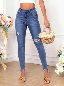 Ripped Raw Hem Skinny Jeans - Dark Wash - View 1