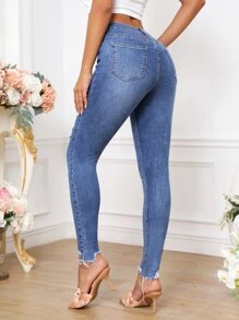 Ripped Raw Hem Skinny Jeans - Dark Wash - View 2