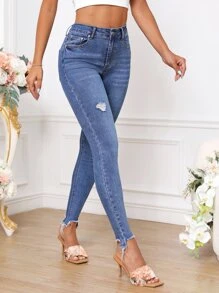 Ripped Raw Hem Skinny Jeans - Dark Wash - View 3