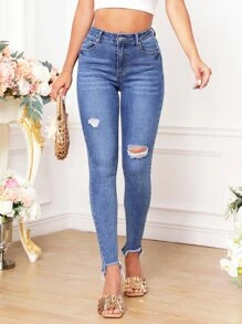 Ripped Raw Hem Skinny Jeans - Dark Wash - View 4