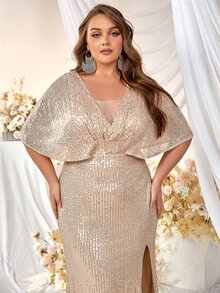 YISIKADO Plus Split Thigh Sequin Formal Dress - Champagne - View 3