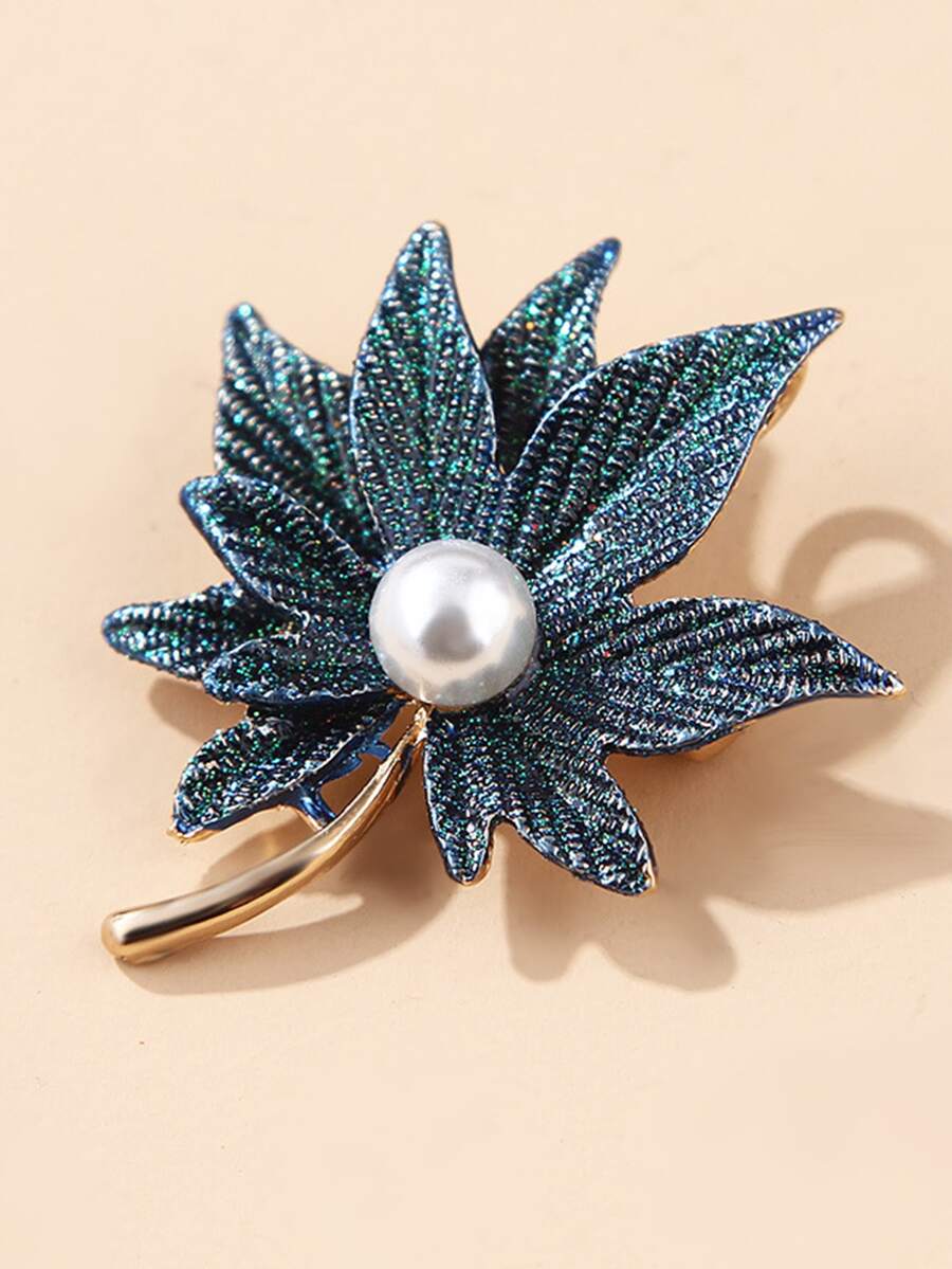 Faux Pearl & Leaf Decor Brooch - Dark Green - View 1