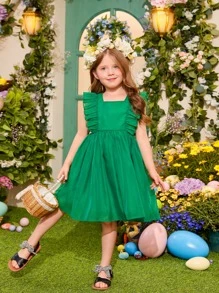 SHEIN Niñas Vestido ribete con fruncido - Verde - Ver 1