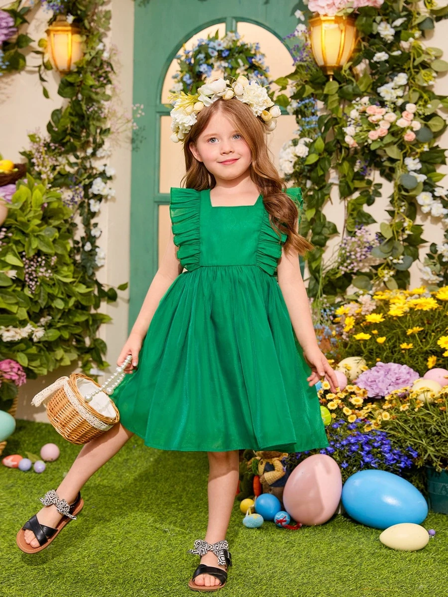 SHEIN Niñas Vestido ribete con fruncido - Verde - Ver 1