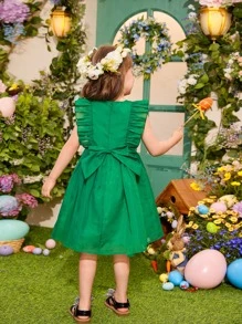 SHEIN Niñas Vestido ribete con fruncido - Verde - Ver 3