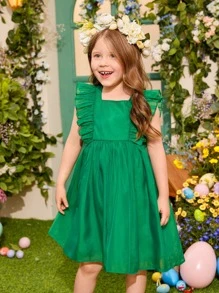 SHEIN Niñas Vestido ribete con fruncido - Verde - Ver 4