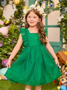 SHEIN Niñas Vestido ribete con fruncido - Verde - Ver 5