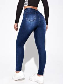 SHEIN Essnce Quần jean nữ Nút Túi Dây kéo màu trơn - Rửa tối - Xem 2