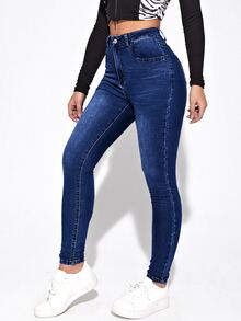 SHEIN Essnce Quần jean nữ Nút Túi Dây kéo màu trơn - Rửa tối - Xem 3