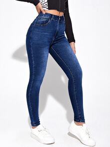 SHEIN Essnce Quần jean nữ Nút Túi Dây kéo màu trơn - Rửa tối - Xem 4