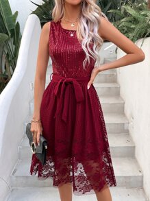 SHEIN Privé Contrast Lace Belted Dress - Burgundy - View 3