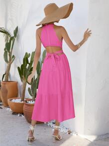 SHEIN Frenchy 素色後綁帶荷葉邊掛脖連衣裙 - 玫紅色 - 查看 2