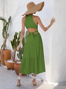 GENKIRA Solid Cut Out Waist Layered Hem Halter Dress - Green - View 2